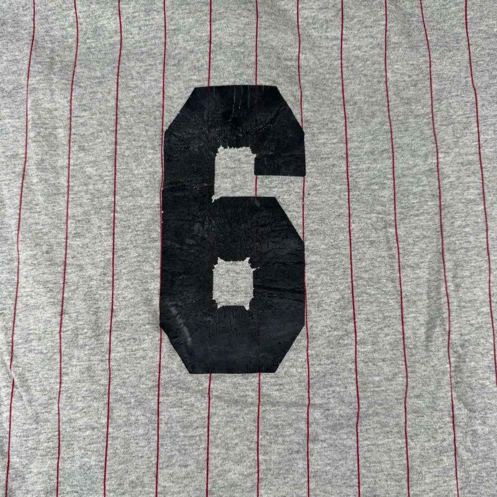 Vtg Oral-B Company Softball Jersey Henley Shirt Mens XL Gray Red Pinstripe Stain - Picture 14 of 16